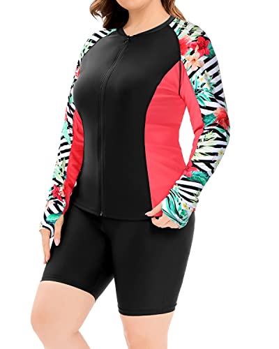 Full-Zip Athletic Tankini Swimsuit For Women-Black And Striped Leaves