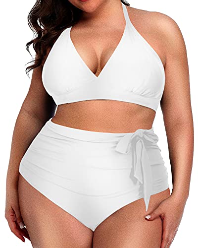 Stylish And Supportive Knotted High Waisted Plus Size Two Piece Swimsuit-White