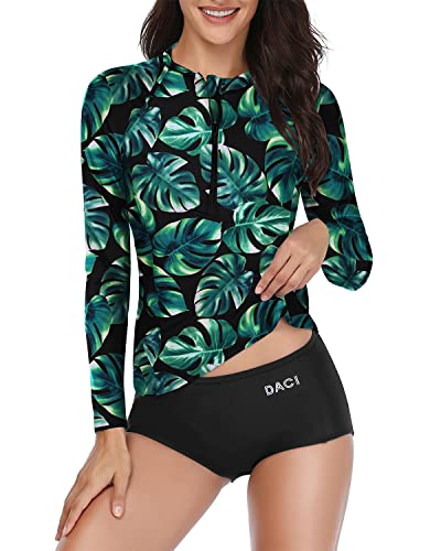 Women's Modest Swimsuit Long Sleeve Rash Guard And Shorts-Green Leaf
