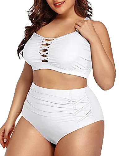 Two Piece Push Up Padded Ruched Bikini For Plus Size Women-White