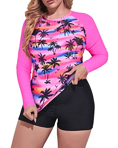Plus Size Rash Guard Top And Boyshort Swimsuit Set For Women-Pink Palm