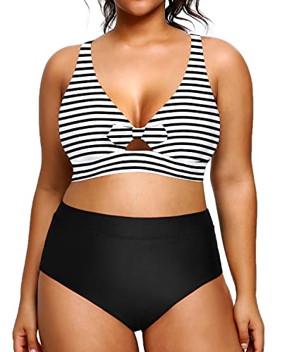 Classic Retro Style Plus Size High Waisted Bathing Suit-Black And White Stripe