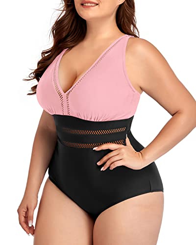 Cheeky See-Through Hollow Out One Piece Plus Size Bathing Suit-Pink And Black