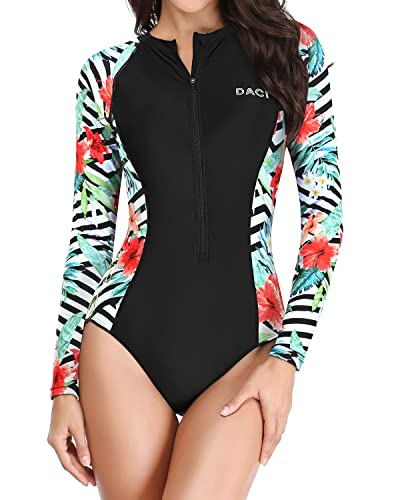 Women's Full Body One Piece Diving Rash Guard Chest Zipper-Black And Striped