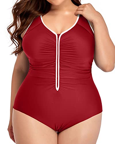 Full Coverage Ruched Tummy Control Monokini For Plus Size Women-Red