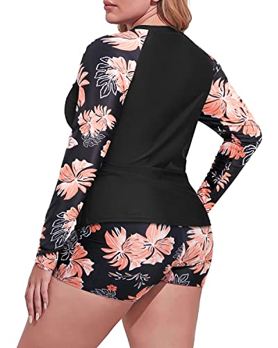 Women's Plus Size Rash Guard Top Built-In Bra And Boy Short-Black Floral