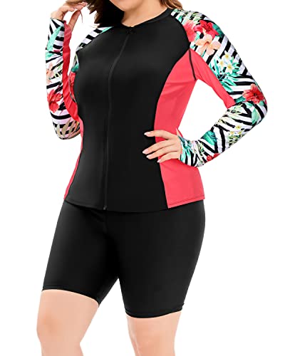 Full-Zip Athletic Tankini Swimsuit For Women-Black And Striped Leaves