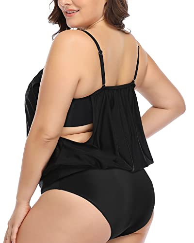 Casual Double Up Tankini Swimsuits Shorts Plus Size-Black