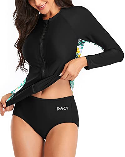 Women 2 Piece Rash Guard Zipper Long Sleeve Swimsuit-Black Leaf