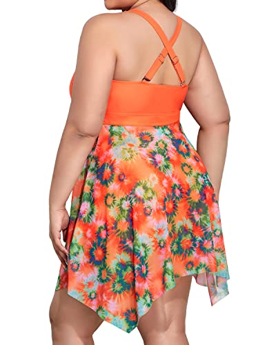 Mesh Tankini Swim Dress Boyshorts For Plus Size Women-Orange