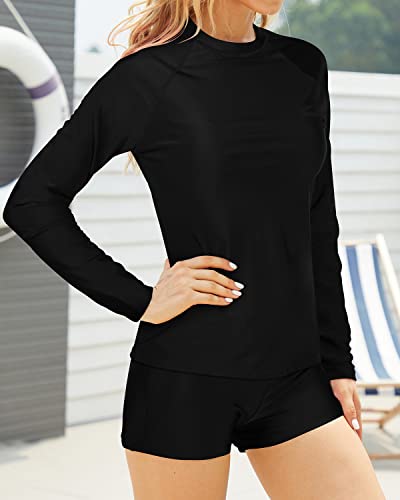 Women's Stretchy Swimwear Upf 50+ Protection Two Piece Crew Neck Long Sleeve Rashguard-Black