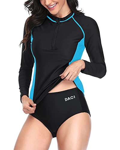 Women's Bathing Suit Built-In Bra And Long Sleeve Rash Guard-Black And Blue