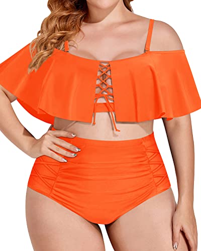 Lace Up Off Shoulder Plus Size Two Piece Swimsuits-Neon Orange