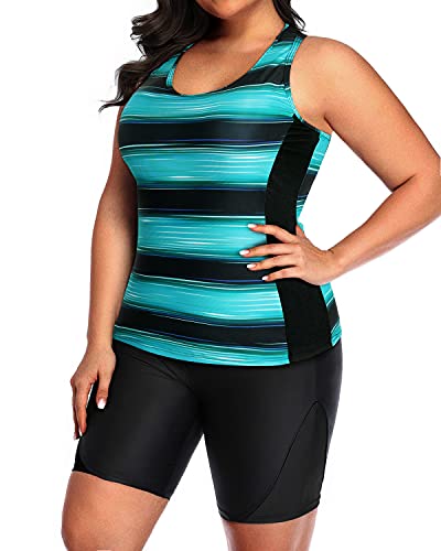 Plus Size High Waisted Tankini Racerback And Boyshorts-Green Stripe