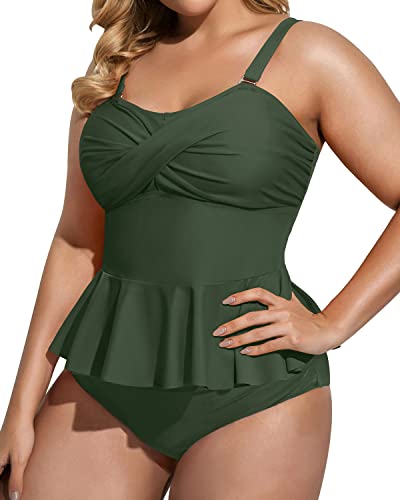 Adjustable Strap Peplum Tankini High Waisted Bottom Bathing Suits-Army Green
