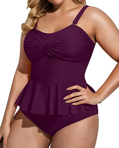 Removable Strap Twist Front Tankini Top High Waisted Tummy Control Bottom Plus Size Swimsuit-Maroon