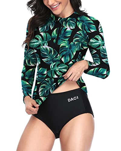 Women's Modest Swimsuit Long Sleeve Rash Guard And Shorts-Green Leaf