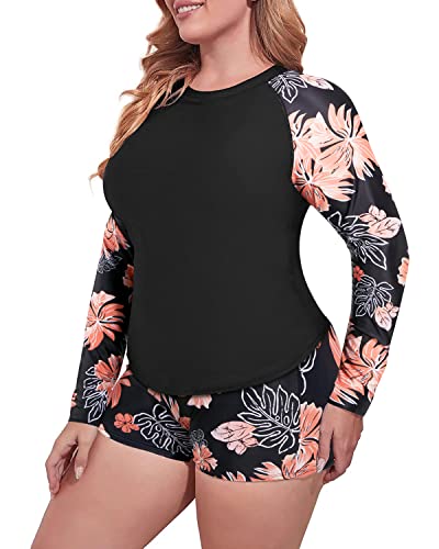 Women's Plus Size Rash Guard Top Built-In Bra And Boy Short-Black Floral