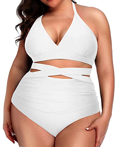 Stylish And Supportive Knotted High Waisted Plus Size Two Piece Swimsuit-White