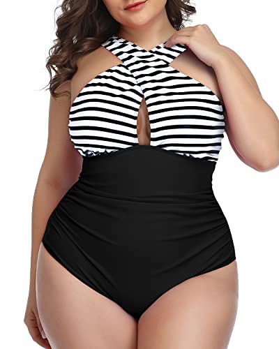 Unique Keyhole Tummy Control Bathing Suits For Women-Black And White Stripe
