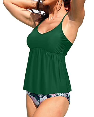 Adjustable Strap Tankini Set For Women's Beach Wear-Green Tropical Floral