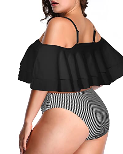 Double Ruffle Off Shoulder Bikini Set For Plus Size 2 Piece Swimsuits-Black Stripe