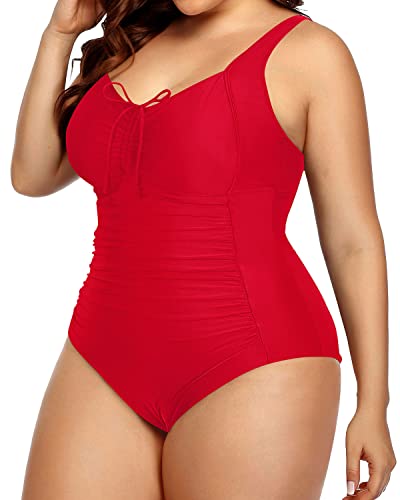 Women Plus Size Vintage Style Ruched Swimwear-Red