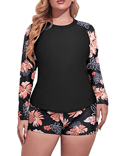 Women's Plus Size Rash Guard Top Built-In Bra And Boy Short-Black Flor –  Daci