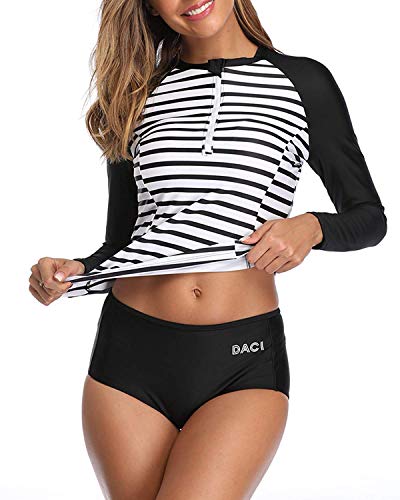 Women's Two Piece Zipper Rash Guard Set-Black And White Stripe