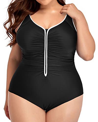 Push-Up Zipper Front Plus Size Bathing Suit For Women-Black