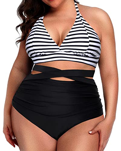 Two Piece Knotted High Waist Bikini Set For Plus Size Ladies-Black And White Stripe