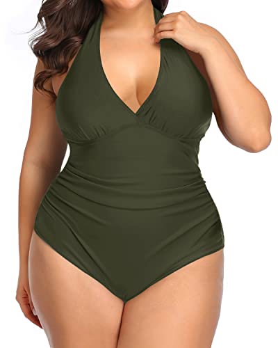 Sexy Deep Plunge V Neck Plus Size One Piece Swimsuits-Army Green