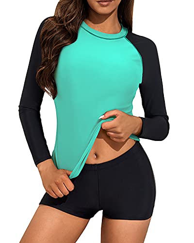 Uv Protection Women's Two Piece Long Sleeve Rash Guard Swimsuit-Aqua