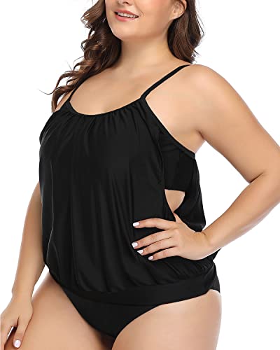 Casual Double Up Tankini Swimsuits Shorts Plus Size-Black