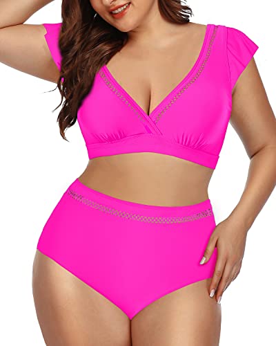 Comfortable Ruffled Sleeve Bikini Set Two Piece Swimsuits For Women-Neon Pink