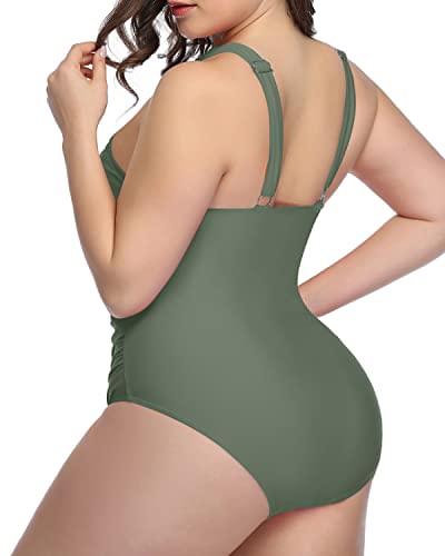 Unique Keyhole Plus Size Swimwear One Piece Retro Style-Olive Green