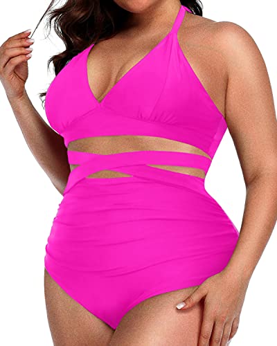 Push Up Padded Knotted High Waisted Bikini For Plus Size Ladies-Neon Pink