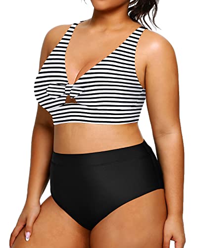 Classic Retro Style Plus Size High Waisted Bathing Suit-Black And White Stripe