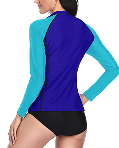 Long Sleeve Rash Guard Women's 2 Piece Bathing Suit Zipper-Black Blue Splicing