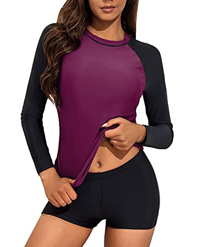 Women's Two Piece Rash Guard Set – Long Sleeve, UPF 50+, Built-In Bra, Black Floral