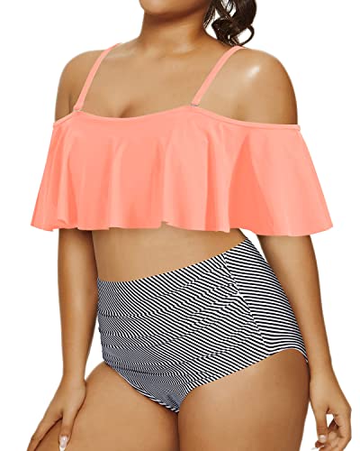 Feminine Plus Size Bikini Set Removable Straps And Ruched Bottoms-Coral Pink Stripe