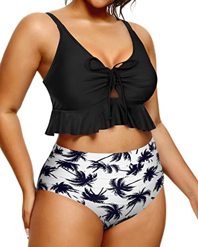 High Waisted Ruched Bikini Bottoms Plus Size Swimsuit-Black Palm Tree