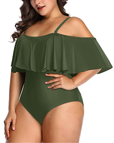 Charming And Cute Off Shoulder Ruffle Plus Size Swimsuit-Army Green
