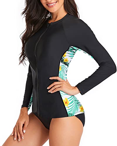 Women 2 Piece Rash Guard Zipper Long Sleeve Swimsuit-Black Leaf