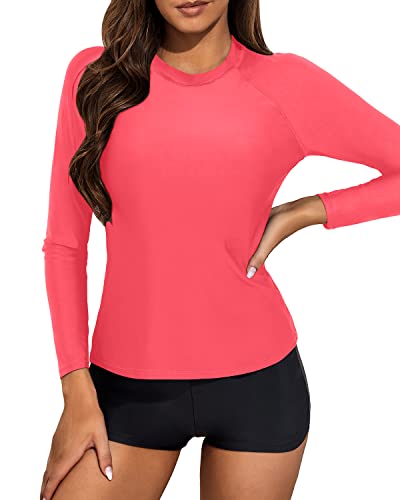 Two Piece Rash Guard Bathing Suit Long Sleeve Swim Shirt For Women-Red