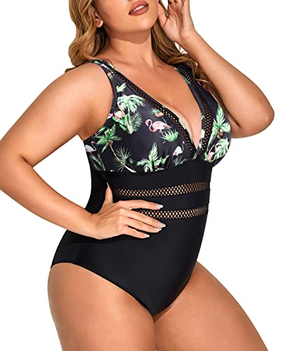 Ladies Sexy Mesh V-Neck Slimming One Piece Swimsuits-Black Palm Tree