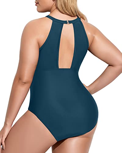 Elegant Mesh Cut Out Monokini Plus Size Swimsuit For Curvy Women-Teal
