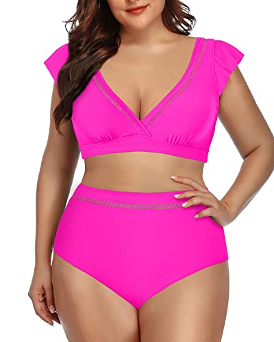 Comfortable Ruffled Sleeve Bikini Set Two Piece Swimsuits For Women-Neon Pink