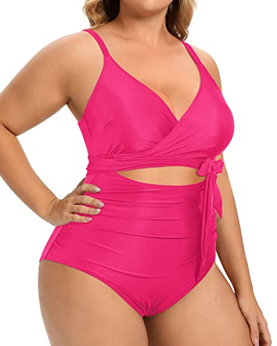 Wrap Tie Cutout Monokini Plus Size One Piece Swimsuits-Neon Pink