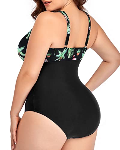 Tummy Control Cheeky One Piece Swimsuits For Women Plus Size-Black Palm Tree